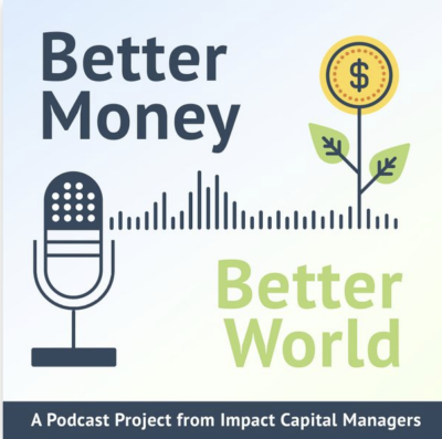 Podcast cover with a microphone, soundwave graphic, and a plant with a coin. Text reads: 